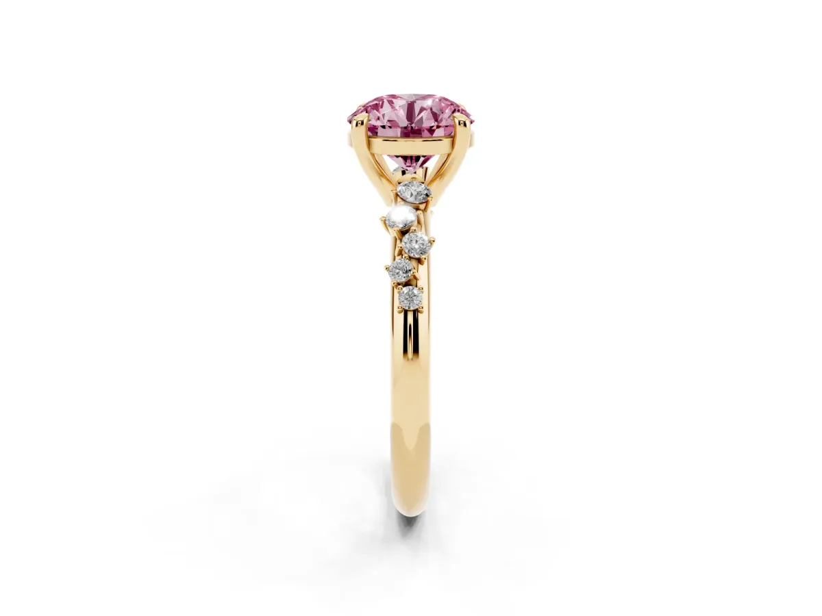 Fancy Pink Round Cut Cut Diamond Vine Band with Four-Prong Setting Yellow gold