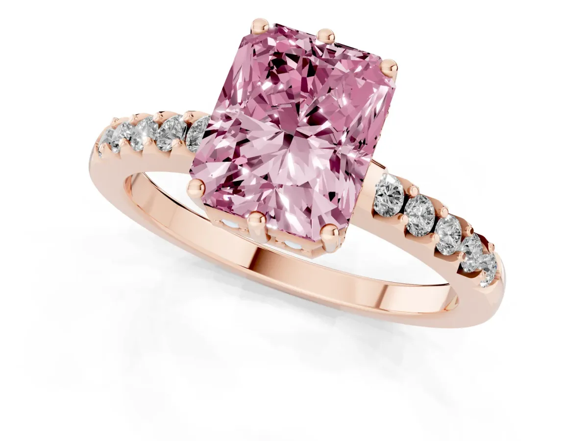 Fancy Pink Radiant Cut Solitaire Diamond Engagement Ring with Pavé Band and Six-Prong Setting Rose gold