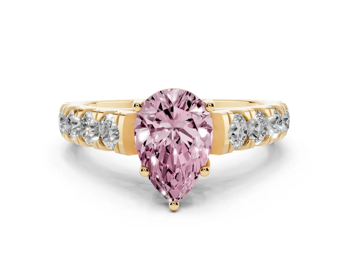 Fancy Pink Pear Cut Cut Diamond Solitaire Ring with Micro Pave Band and Prong Setting Yellow gold