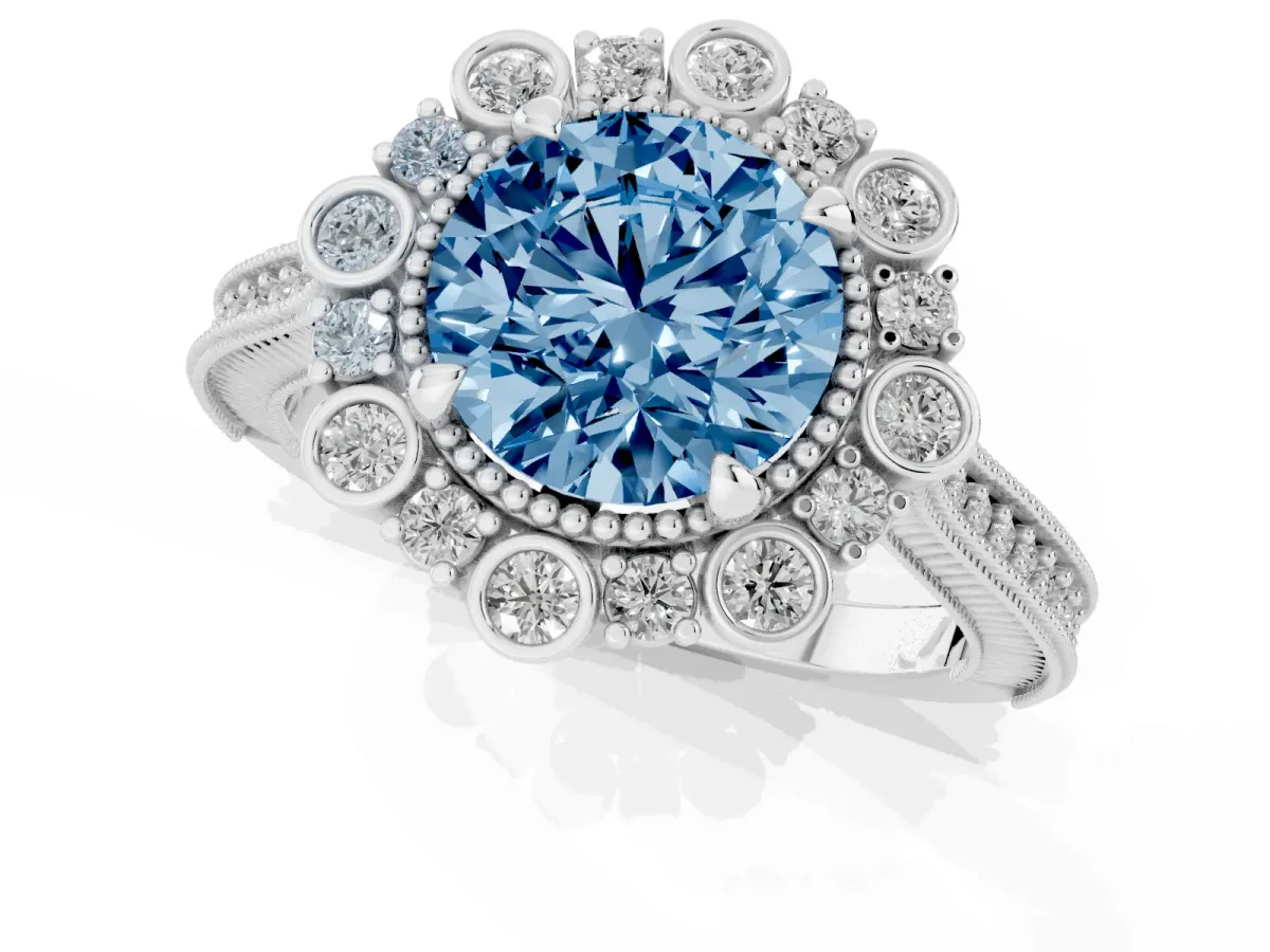 Fancy Blue Round Cut Halo Milgrain Pave Diamond Ring with Four-Prong Setting Platinum