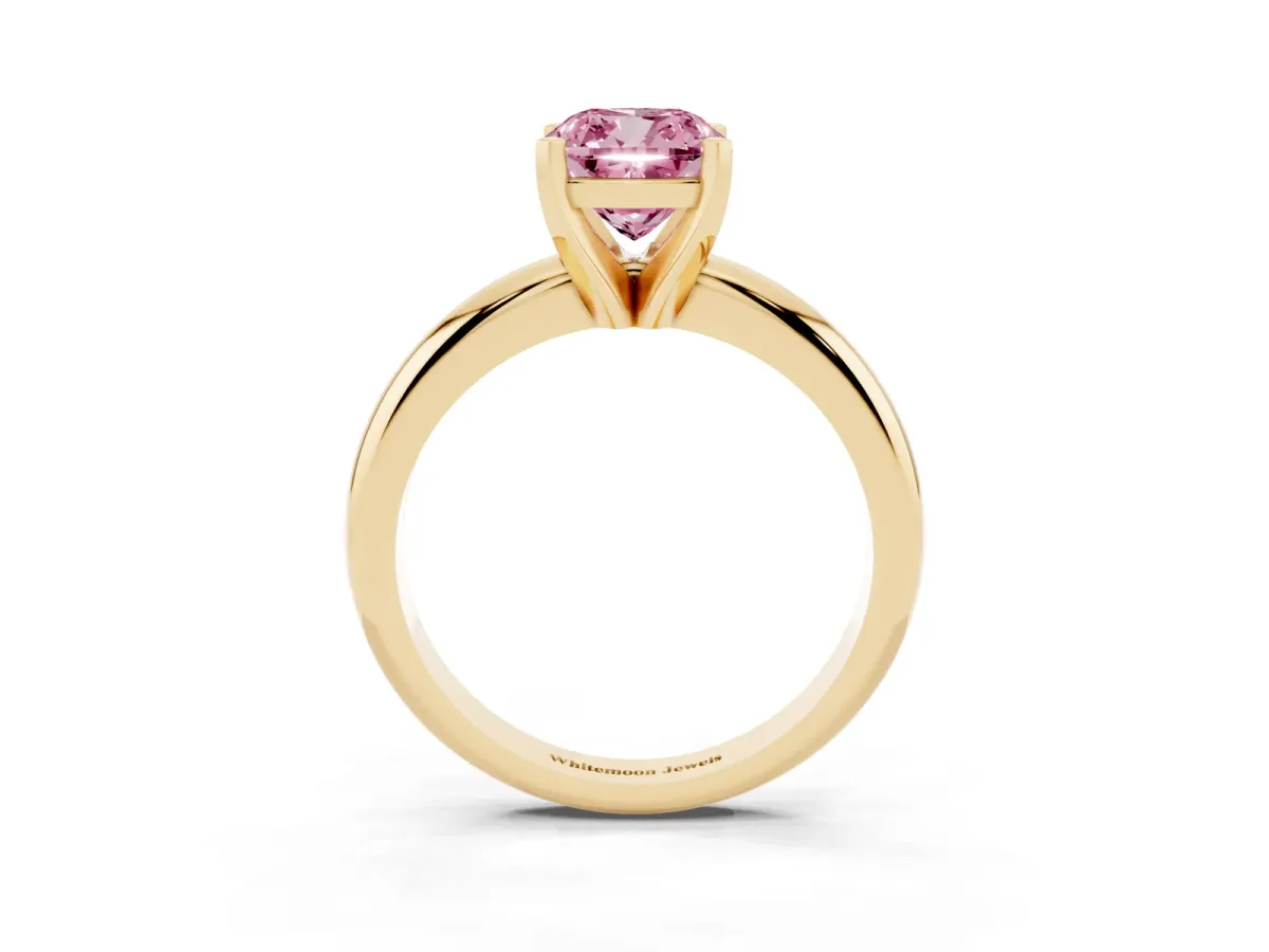 Fancy Pink Cushion Cut Diamond Solitaire Engagement Ring with Round Band and Four-Prong Setting Yellow gold