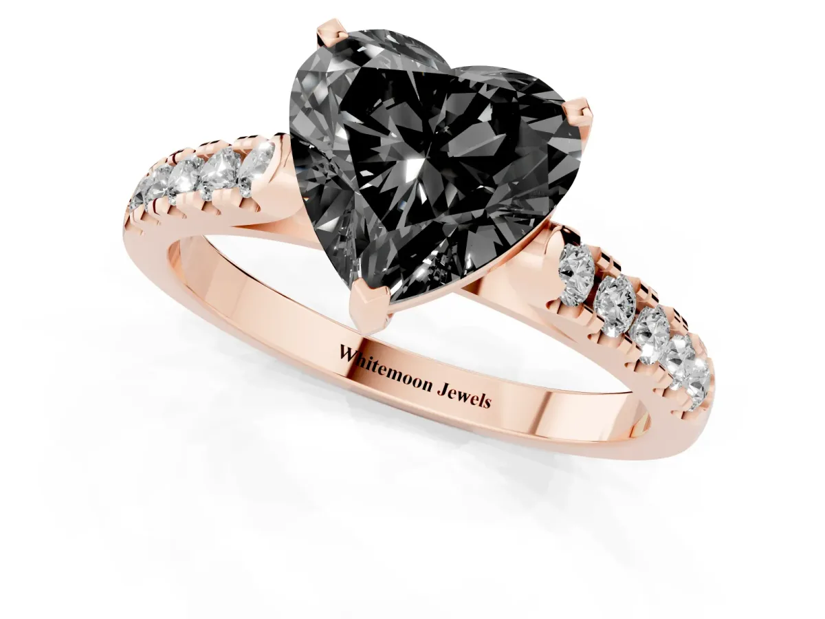 Fancy Black Heart Cut Diamond Pavé Band Solitaire Ring with Prong Setting Rose gold