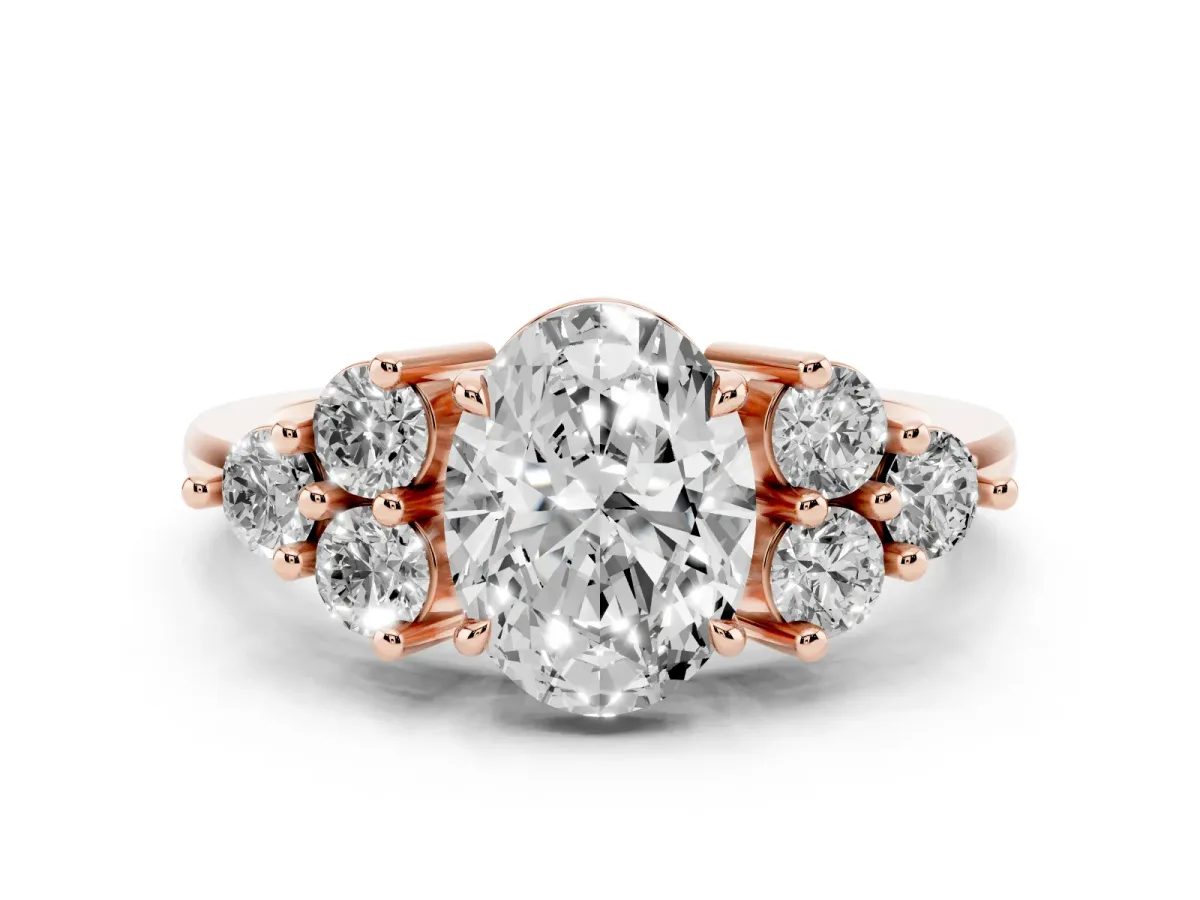 Oval Cut Brilliant Diamond Cluster Accent Solitaire Ring with Prong Setting Rose gold
