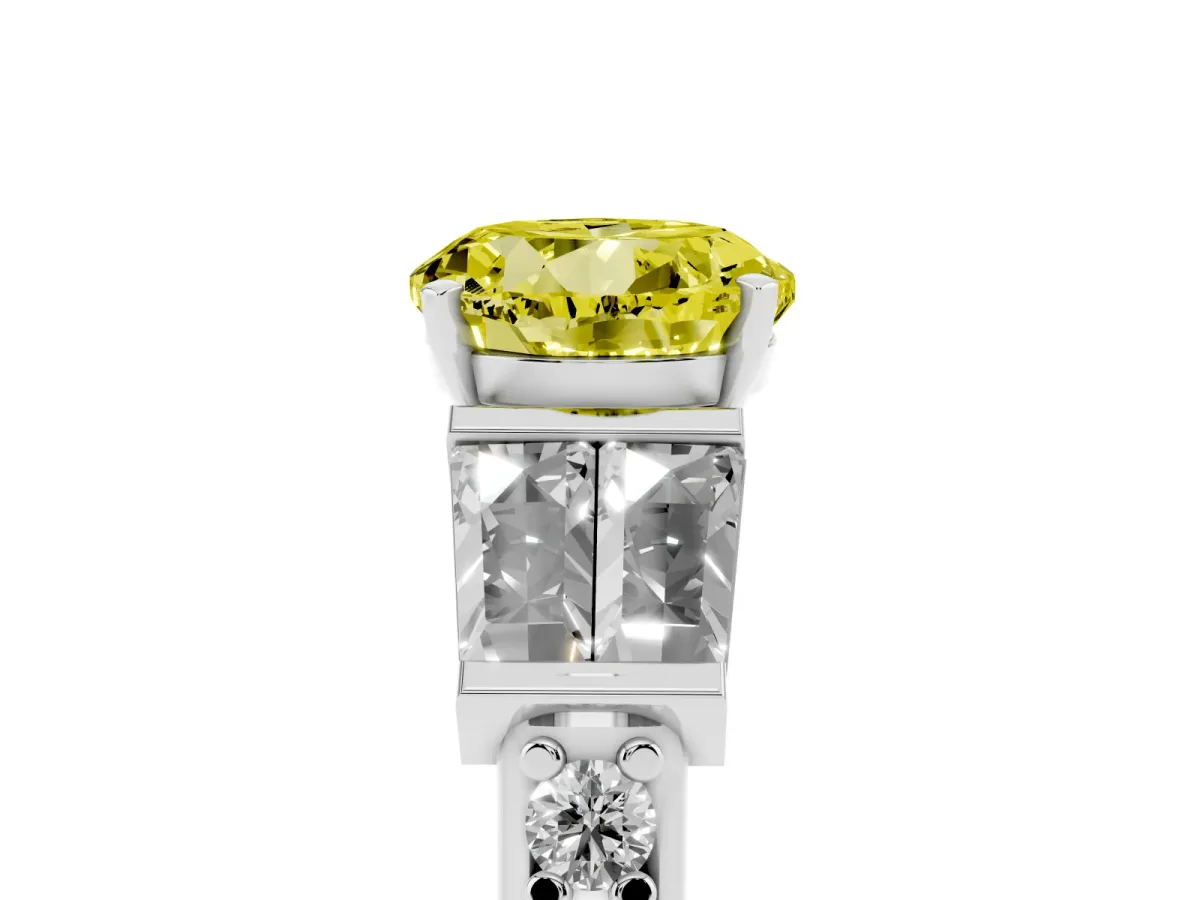 Fancy Yellow Round Cut Diamond Engagement Ring with Baguette Side Stones and Channel Set Band Silver