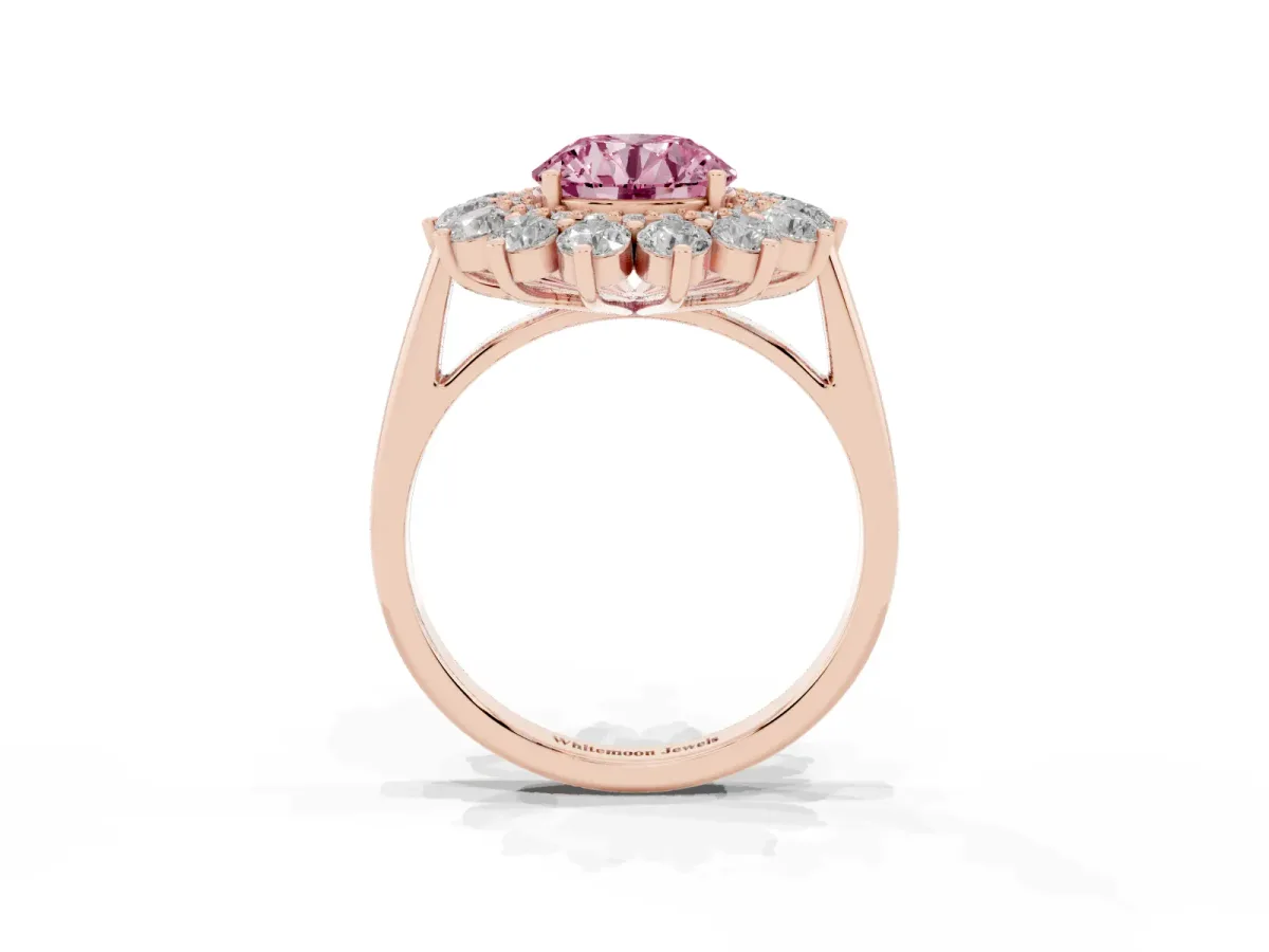 Fancy Pink Round Cut Diamond Floral Double Halo Engagement Ring with Prong Setting Rose gold