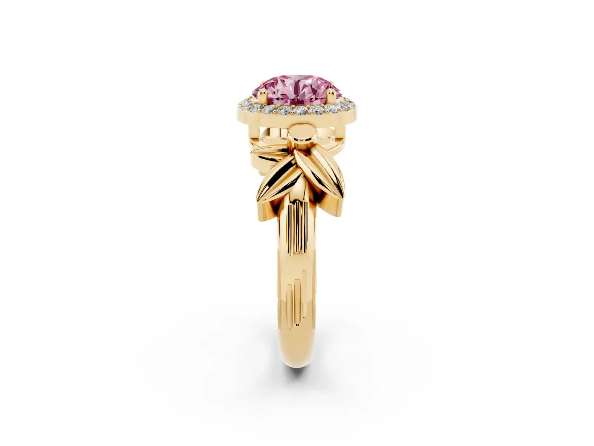 Fancy Pink Round Cut Halo Diamond Floral Band with Four-Prong Setting Yellow gold