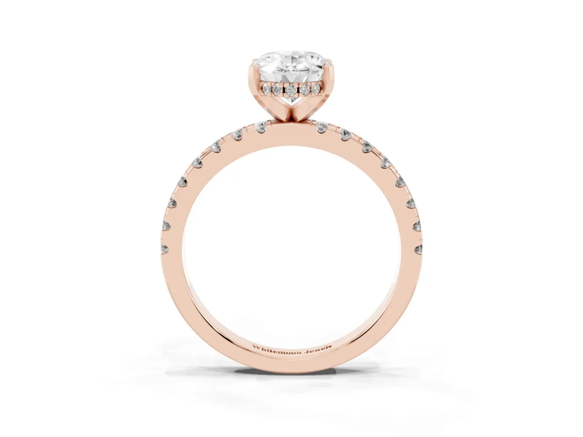 Oval Cut Diamond Solitaire Ring with Round Pavé Band and Four-Prong Setting Rose gold