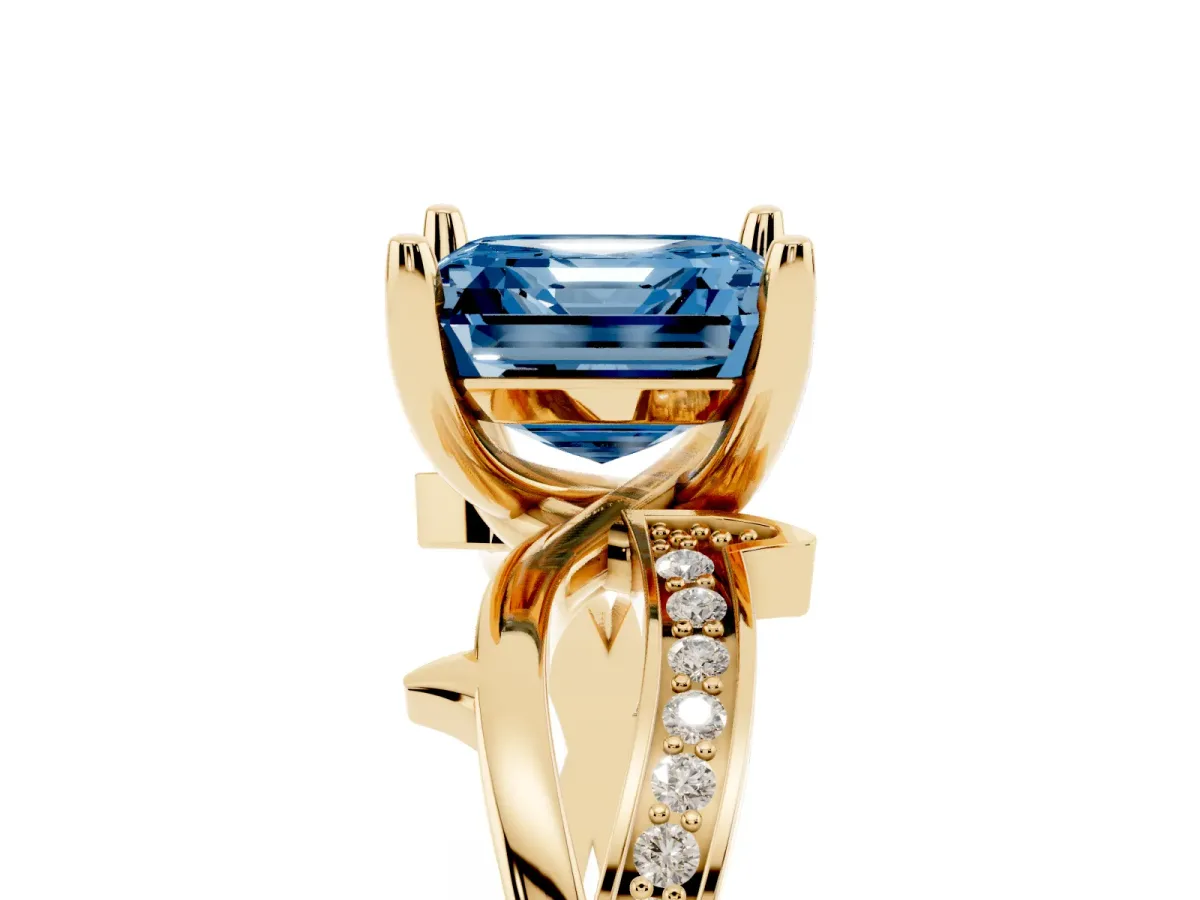 Fancy Blue Asscher Cut Solitaire Twist Band with Pavé Accents and Four-Prong Setting Yellow gold