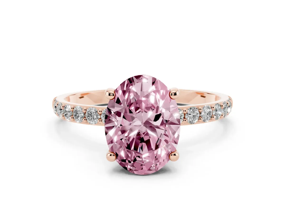 Fancy Pink Oval Cut Diamond Solitaire Ring with Round Pavé Band and Prong Setting Rose gold
