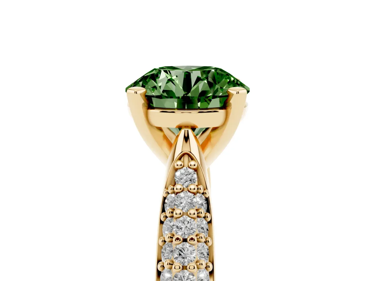 Fancy Green Round Cut Diamond Solitaire Engagement Ring with Multi-Row Round Pavé Band and Prong Setting Yellow gold