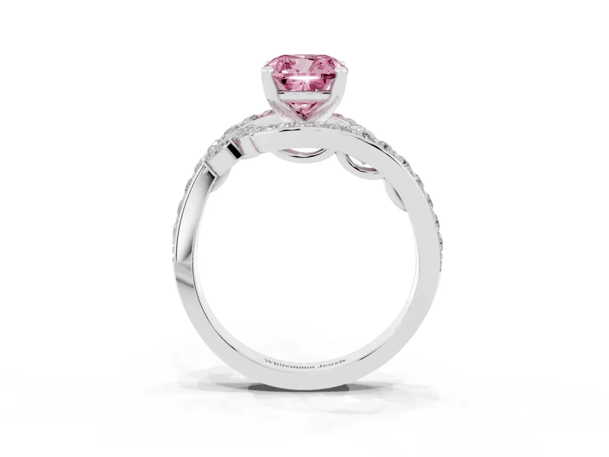 Fancy Pink Cushion Cut Solitaire with Pavé Twist Band and Four-Prong Setting Platinum