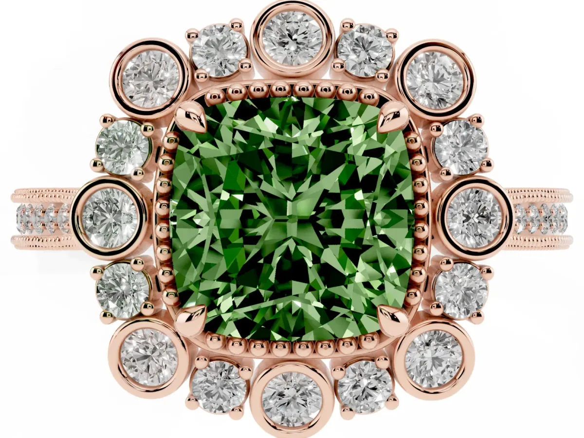 Fancy Green Cushion Cut Halo Milgrain Pave Diamond Ring with Four-Prong Setting Rose gold