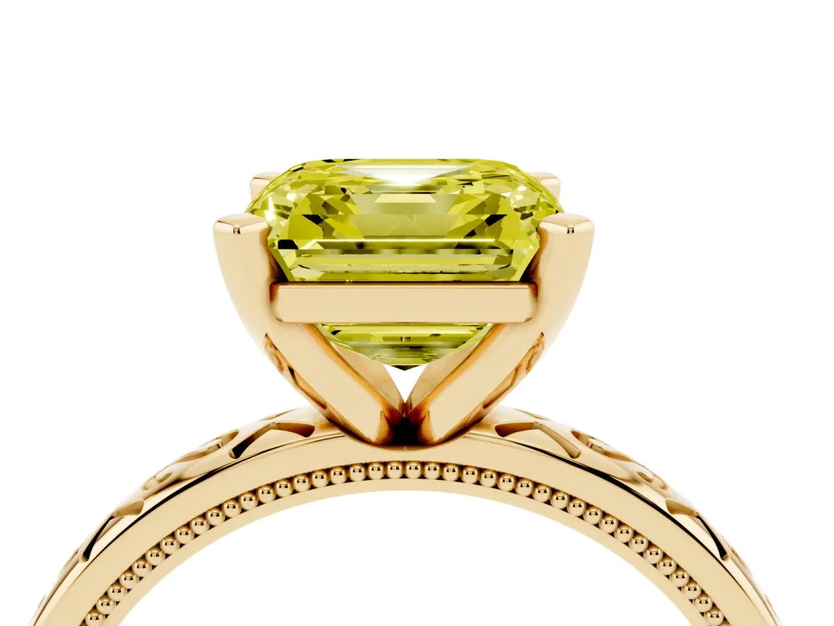 Fancy Yellow Asscher Cut Solitaire Engagement Ring with Scrollwork Band and Four-Prong Setting Yellow gold