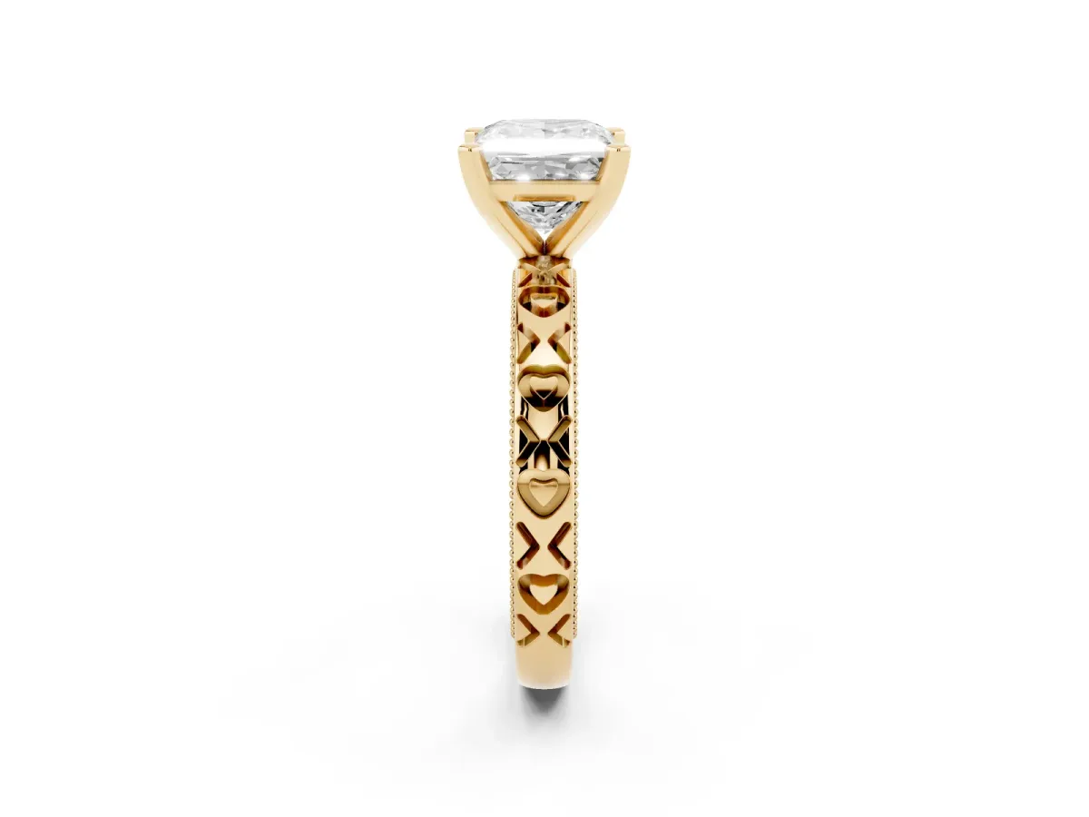 Princess Cut Solitaire Diamond Engagement Ring with XO Engraved Band and Four-Prong Setting Yellow gold