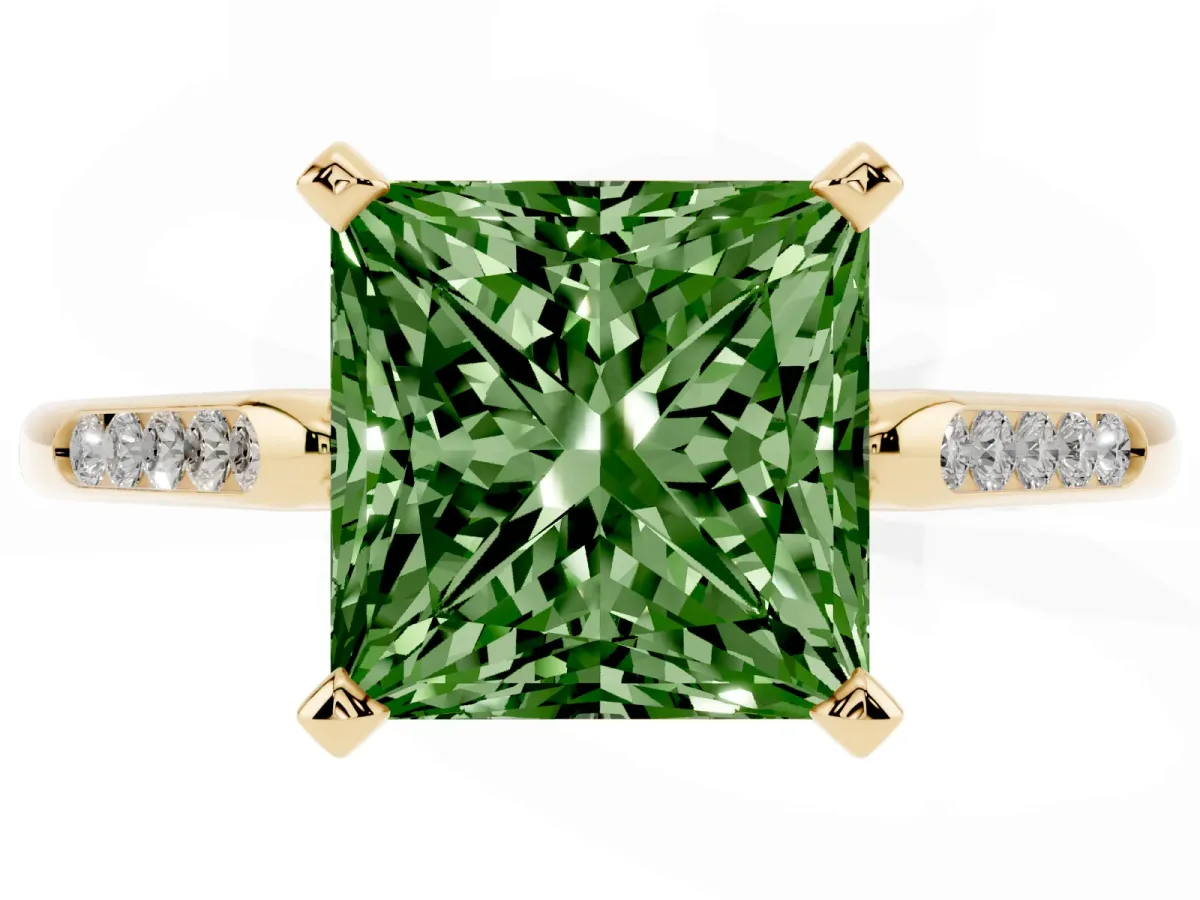 Fancy Green Princess Cut Diamond Solitaire Ring with Channel Set Round Band and Prong Setting Yellow gold