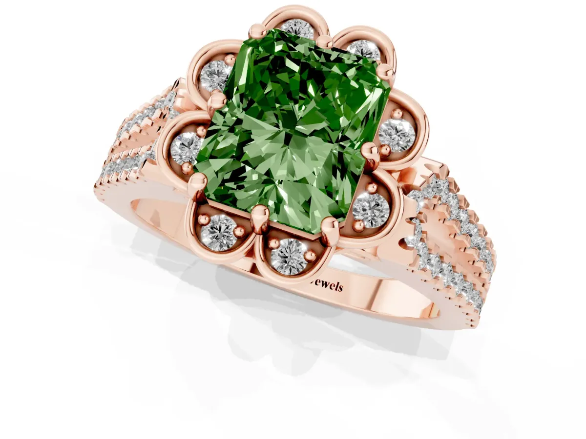 Fancy Green Radiant Cut Halo Diamond Floral Split Shank Engagement Ring Rose gold
