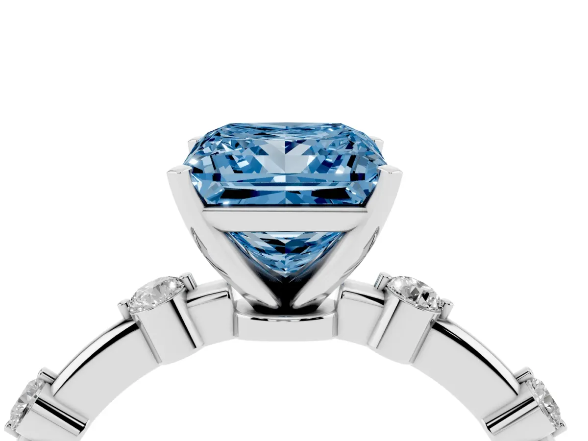 Fancy Blue Princess Cut Solitaire Diamond Ring with Bezel Set Side Stones and Prong Setting Platinum