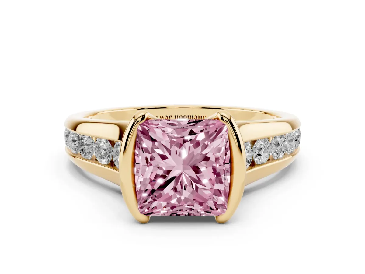 Fancy Pink Princess Cut Solitaire Bezel-Set Diamond Ring with Channel-Set Band Yellow gold