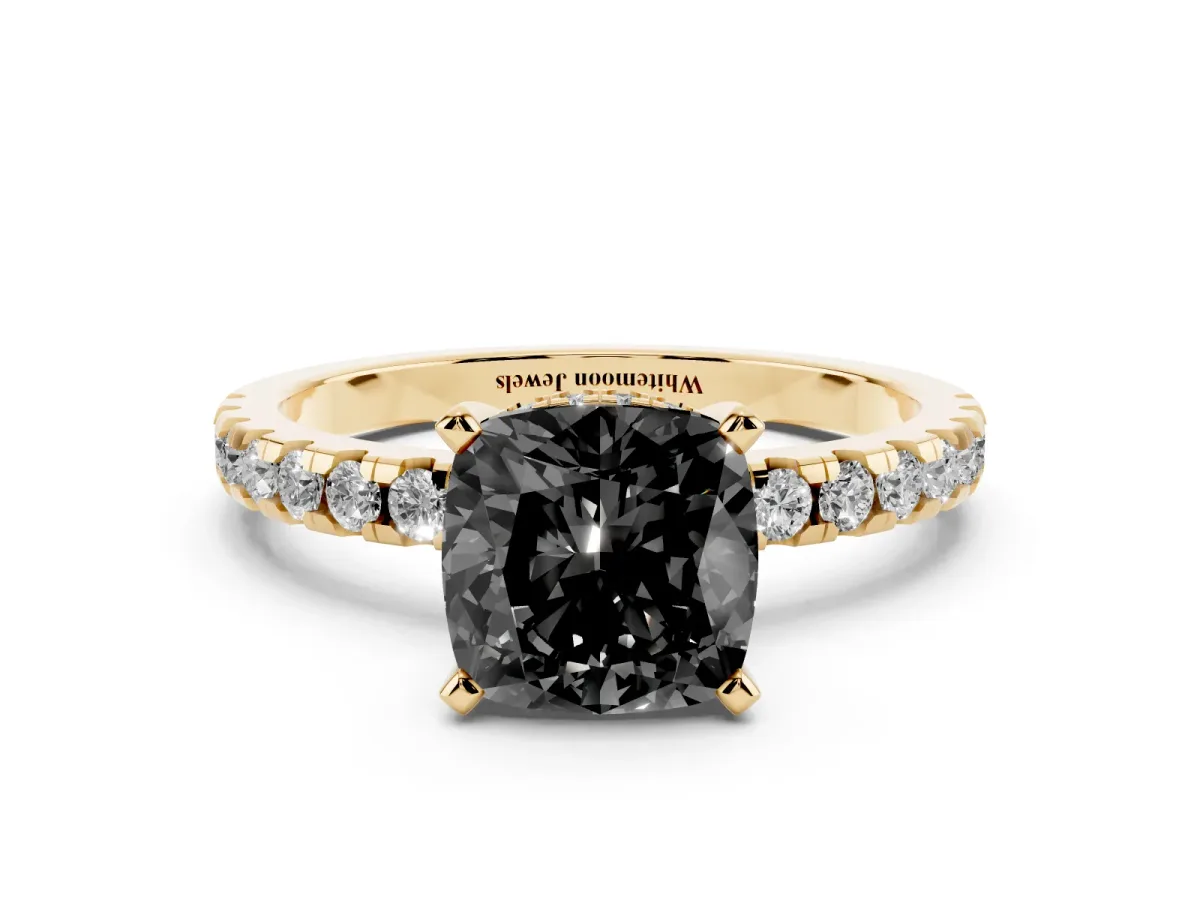 Fancy Black Cushion Cut Diamond Solitaire Ring with Round Pavé Band and Four-Prong Setting Yellow gold