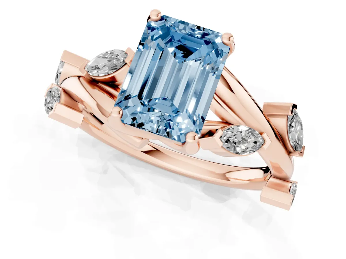 Fancy Blue Emerald Cut Solitaire Twisted Band Marquise Accent Prong Setting Ring Rose gold