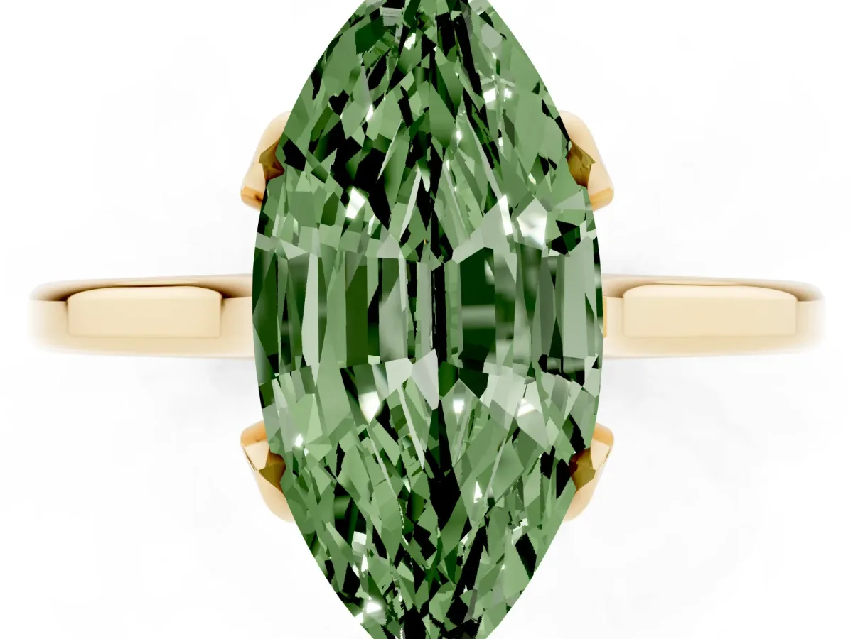 Fancy Green Marquise Cut Diamond Solitaire Ring with Flower Prong Setting and Classic Band Yellow gold