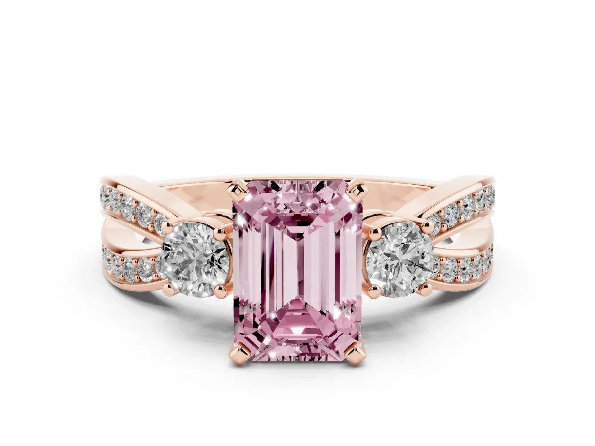 Fancy Pink Three-Stone Emerald Cut Cut Diamond Twist Band with Prong Setting Rose gold