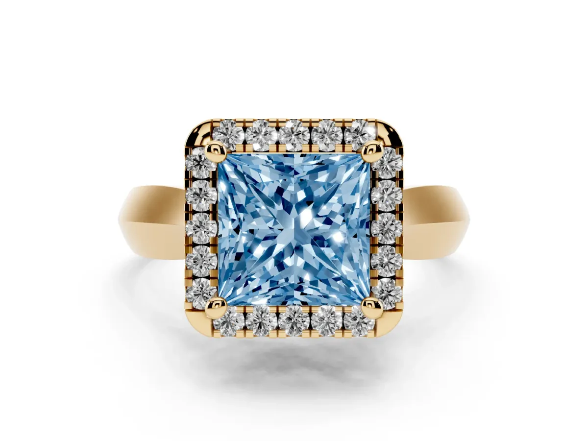 Fancy Blue Princess Cut Cut Halo Solitaire Engagement Ring with Square Band and Four-Prong Setting Yellow gold