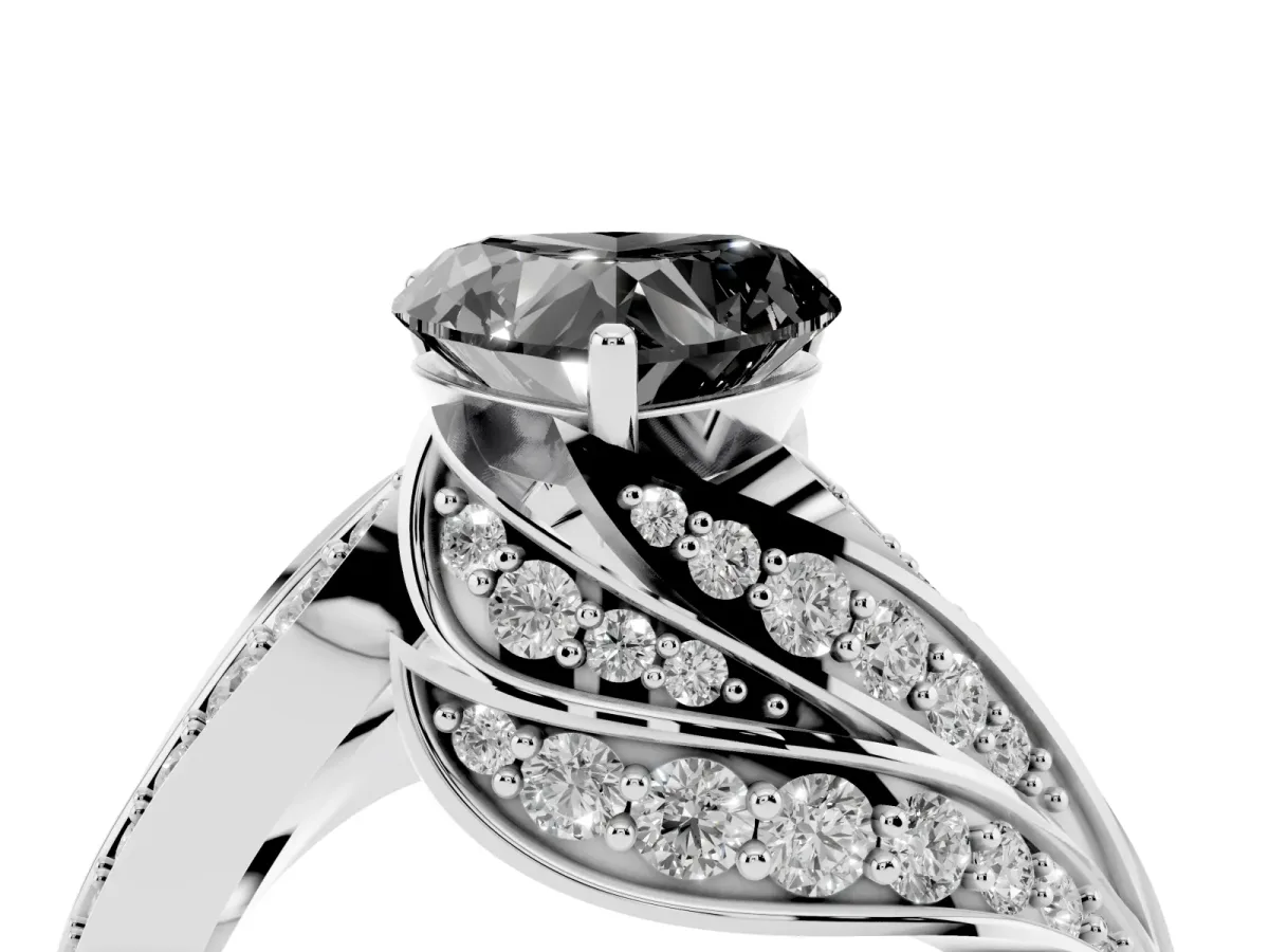 Fancy Black Heart Cut Diamond Solitaire Ring with Prong Setting and Twisted Pavé Band Silver