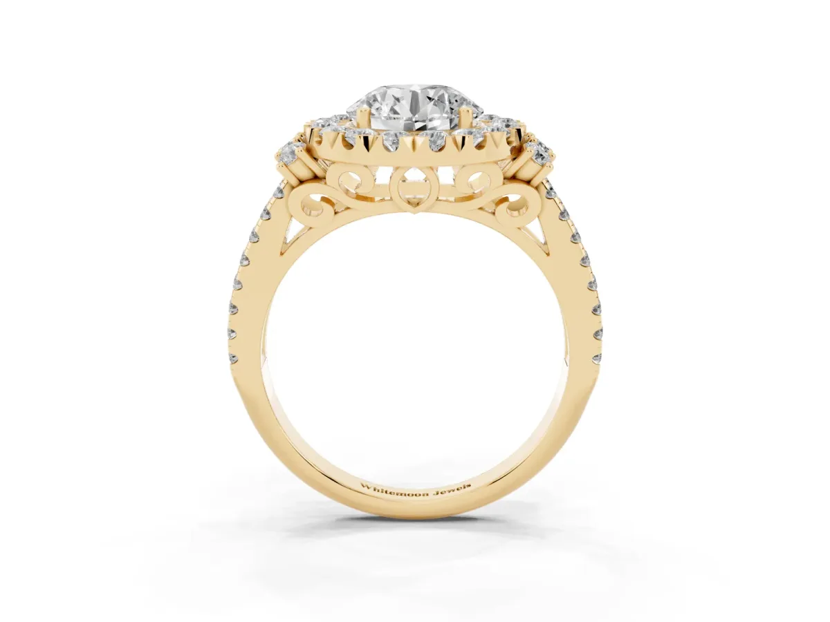Round Cut Cut Double Halo Diamond Engagement Ring with Pave Band and Four-Prong Setting Yellow gold
