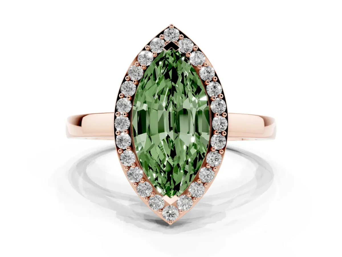 Fancy Green Marquise Cut Halo Diamond Ring with Solitaire Band and Prong Setting Rose gold