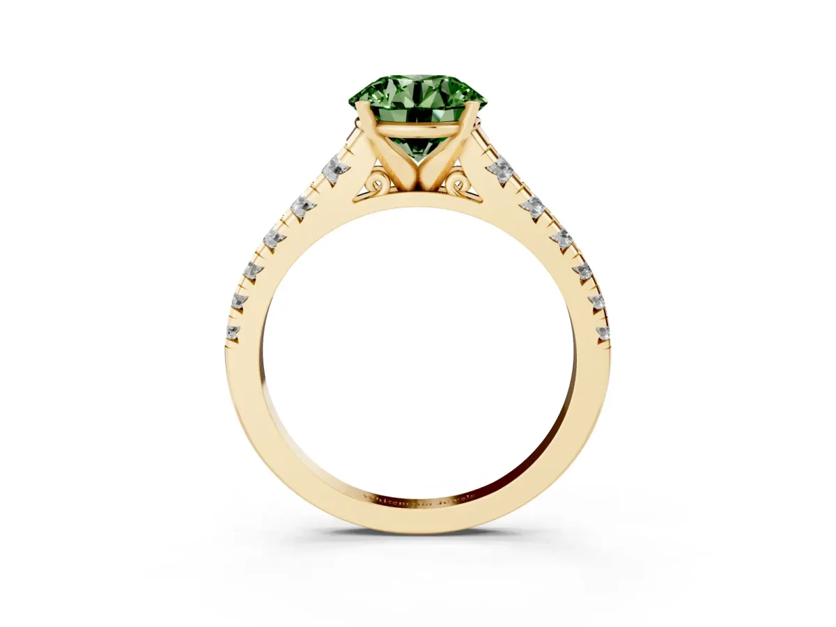 Fancy Green Round Cut Diamond Cathedral Solitaire Ring with Round Pavé Band Yellow gold