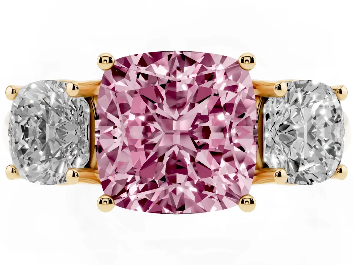 Fancy Pink Three-Stone Cushion Cut Diamond Engagement Ring with Prong Setting Yellow gold