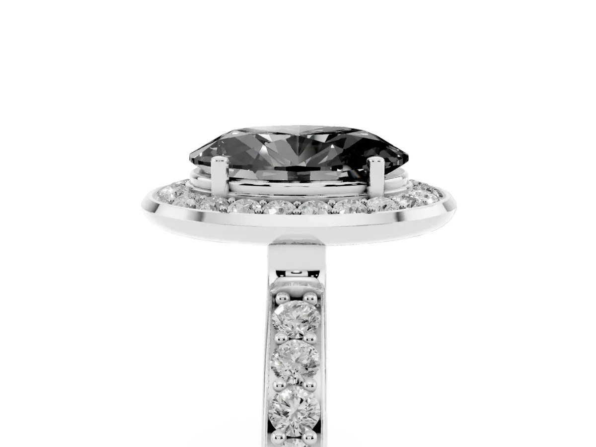 Fancy Black Oval Cut Diamond Halo Ring with Bezel Frame and Pavé Band Silver