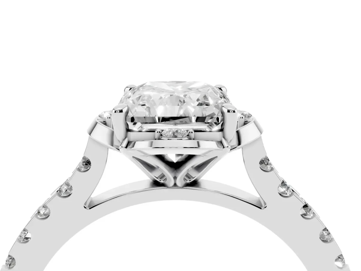 Radiant Cut Diamond Ring with Pavé Band and Floral Prong Setting Silver