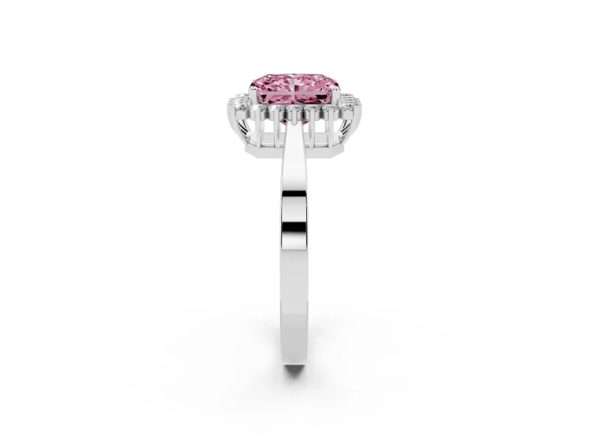 Fancy Pink Radiant Cut Cut Diamond Halo Ring with Round Brilliant Halo and Solitaire Band Platinum