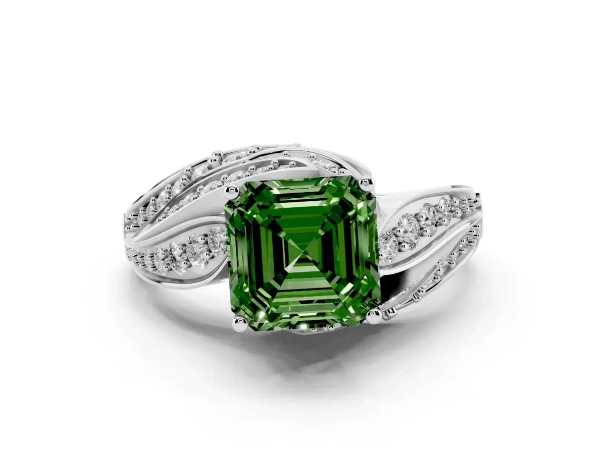 Fancy Green Asscher Cut Diamond Solitaire Ring with Prong Setting and Twisted Pavé Band Silver