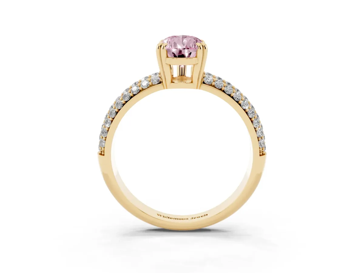 Fancy Pink Pear Cut Diamond Solitaire Ring with Multi-Row Round Pavé Band and Prong Setting Yellow gold