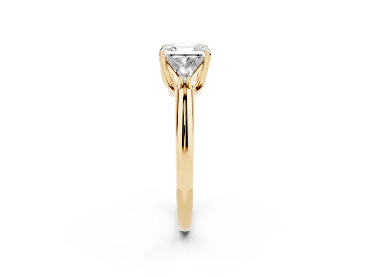 Three-Stone Asscher Cut Diamond Engagement Ring with Trillion Side Stones and Prong Setting Yellow gold