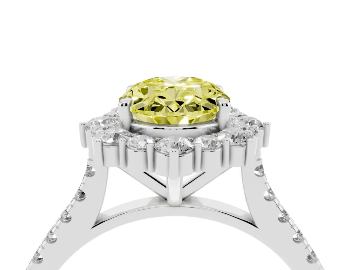 Fancy Yellow Oval Cut Halo Diamond Ring with Pavé Band and Prong Setting Silver