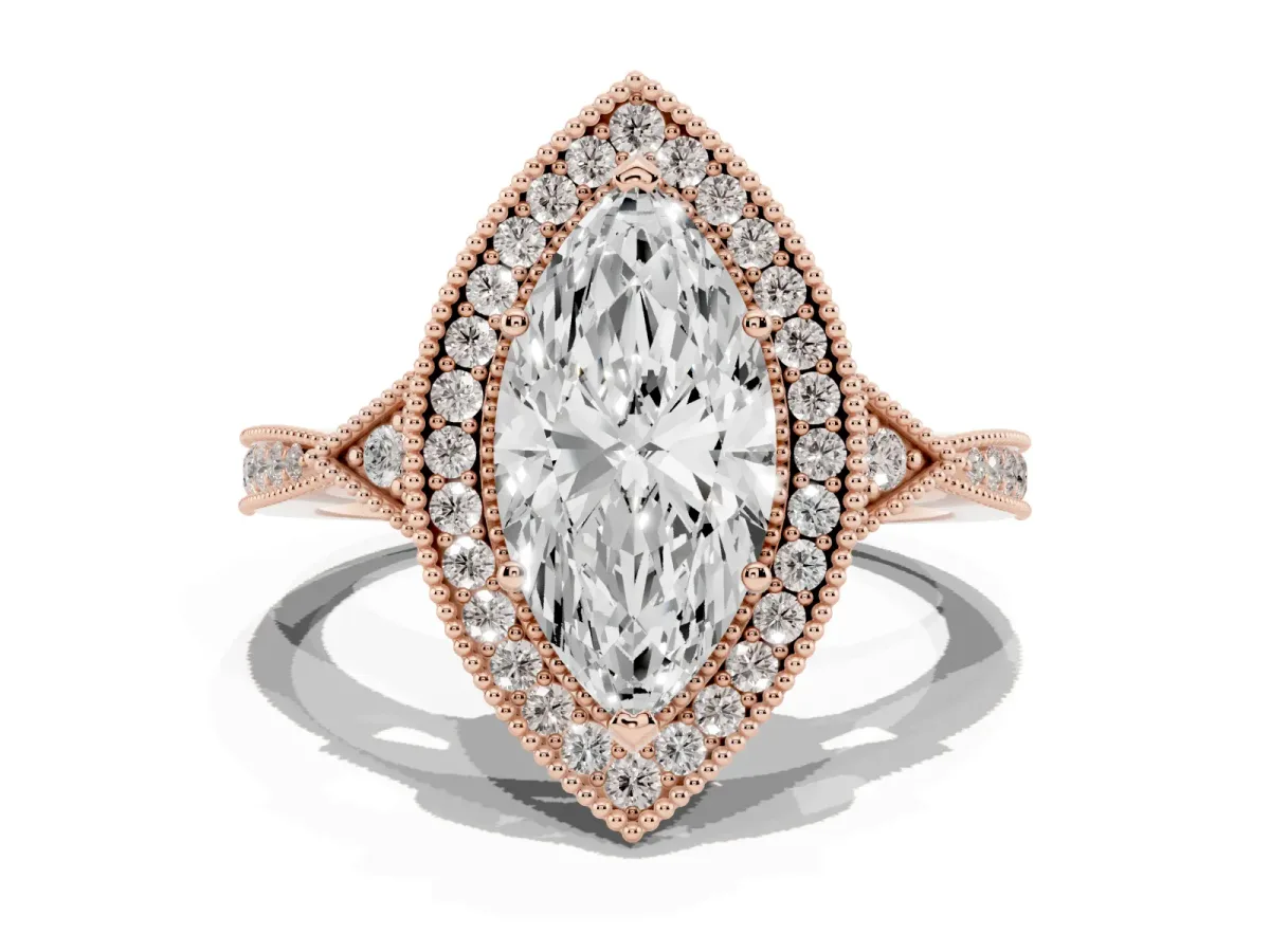 Marquise Cut Halo Round Diamond Milgrain Pave Engagement Ring Rose gold