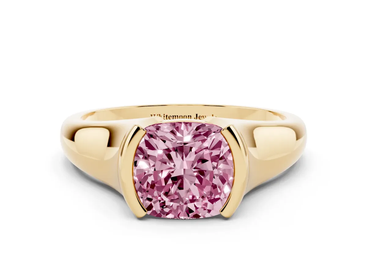 Fancy Pink Cushion Cut Solitaire Tension Set Diamond Ring with Split Shank Band Yellow gold