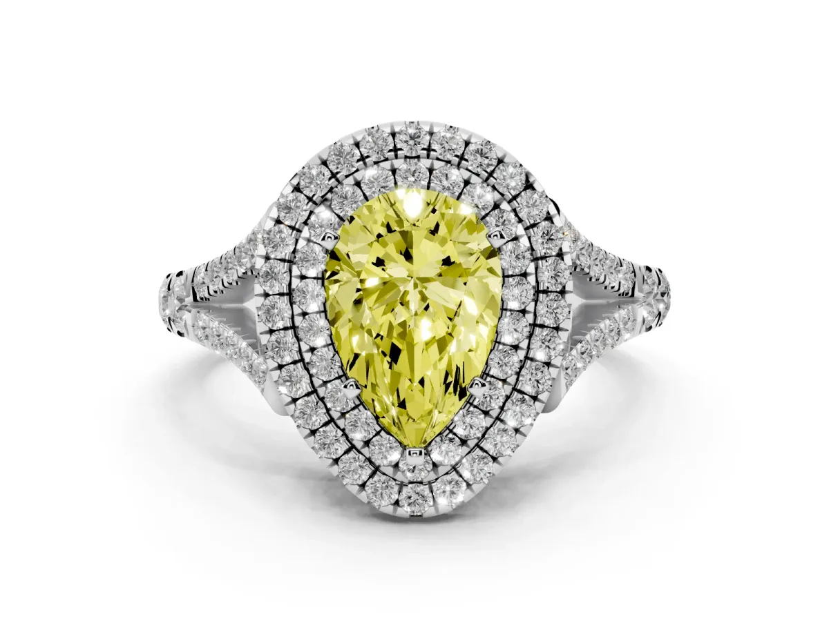 Fancy Yellow Double Halo Pear Cut Diamond Split Shank Engagement Ring with Four-Prong Setting Silver
