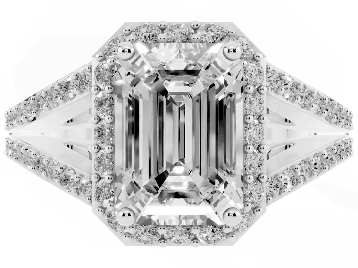 Emerald Cut Halo Split Shank Pave Diamond Ring with Four-Prong Setting Silver
