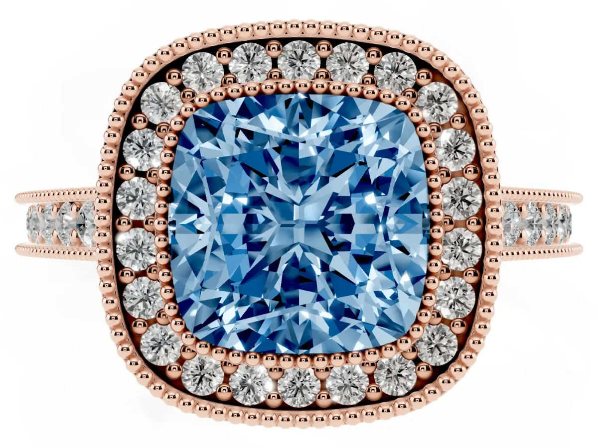 Fancy Blue Halo Cushion Cut-Cut Diamond Pave Band Milgrain Prong Setting Ring Rose gold