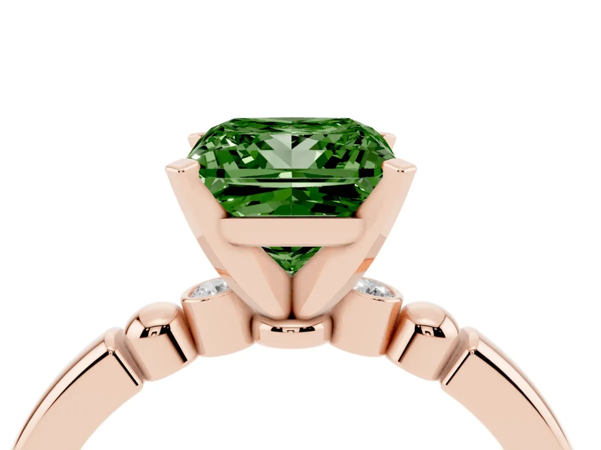 Fancy Green Princess Cut Solitaire Beaded Band with Four-Prong Setting Rose gold