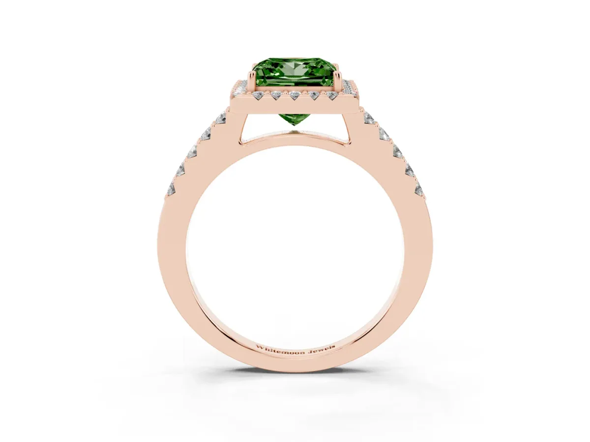 Fancy Green Princess Cut Halo Diamond Pavé Solitaire Ring Rose gold