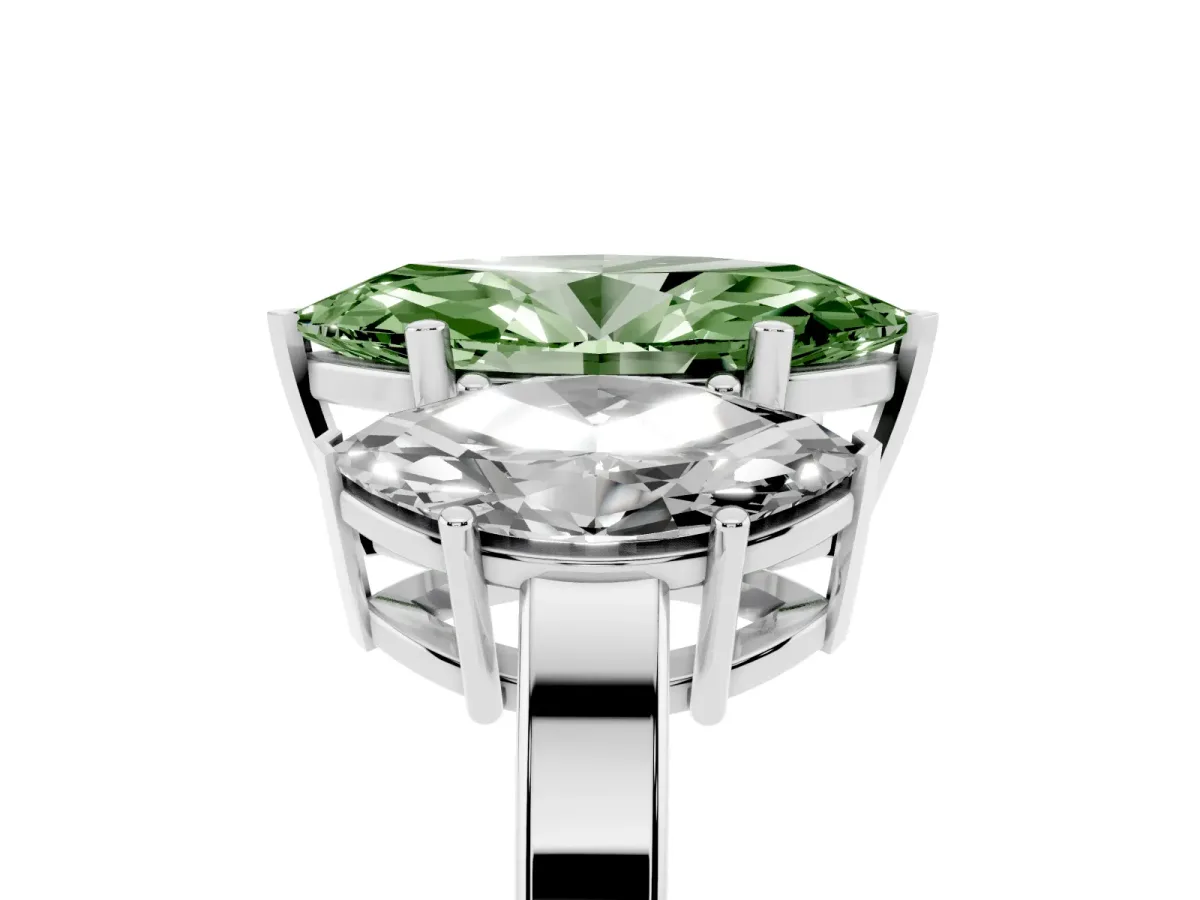 Fancy Green Three-Stone Marquise Cut Cut Diamond Engagement Ring with Flat Band and Four-Prong Setting Silver