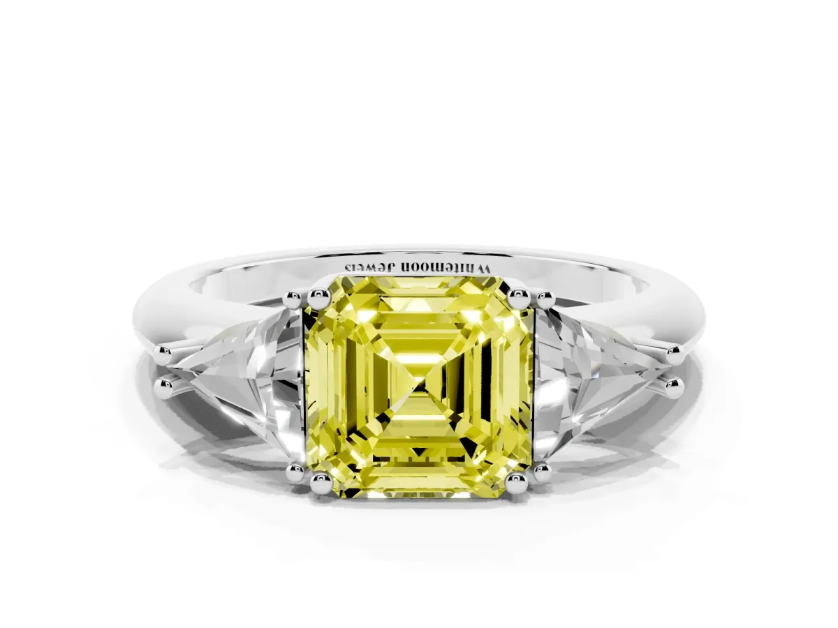 Fancy Yellow Three-Stone Asscher Cut Diamond Engagement Ring with Trillion Side Stones and Prong Setting Silver