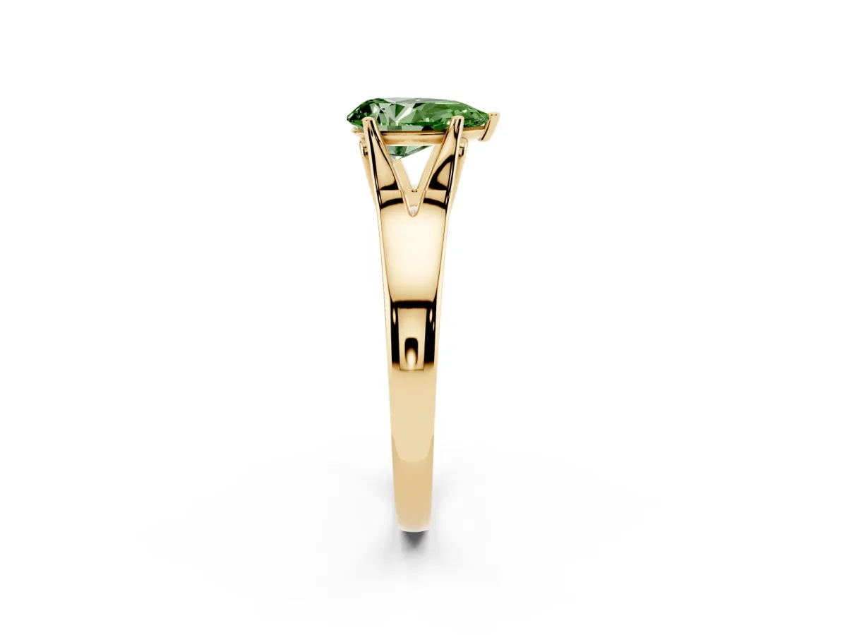 Fancy Green Pear Cut Solitaire Diamond Ring with Cathedral Band and Four-Prong Setting Yellow gold