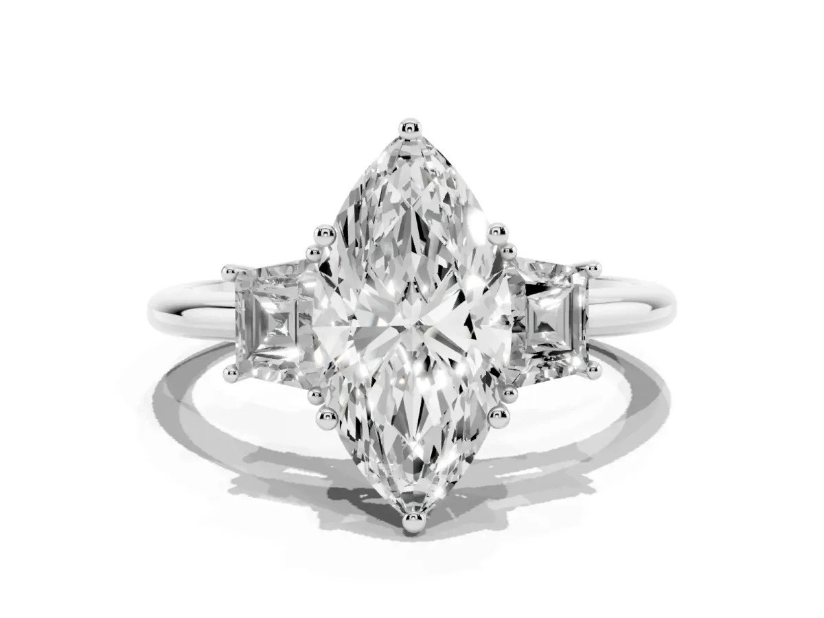 Marquise Cut Diamond Three-Stone Ring with Trapezoid Side Stones and Prong Setting White gold